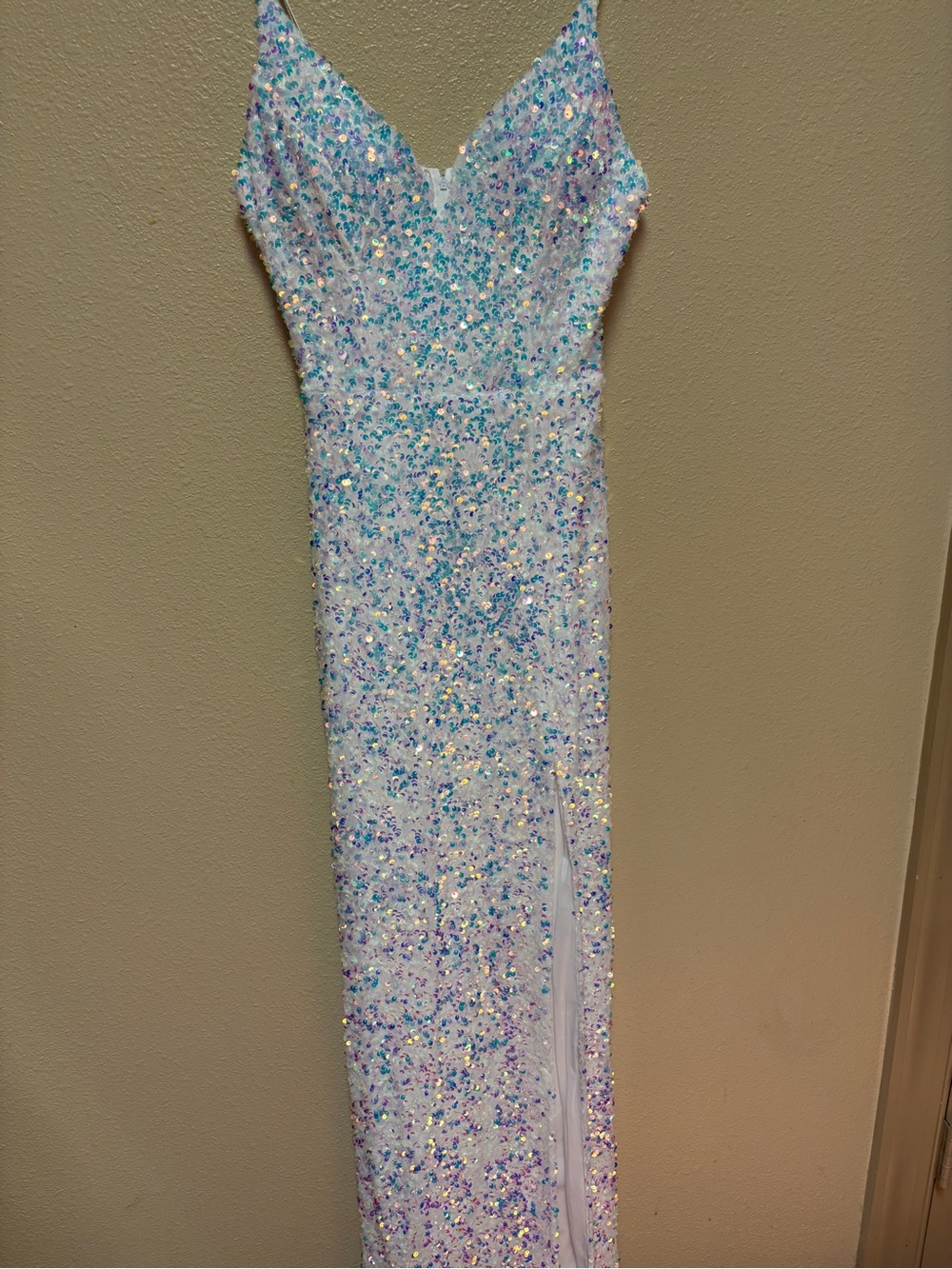 B. Smart Iridescent Sequin V-Neck Gown in White Sparkle